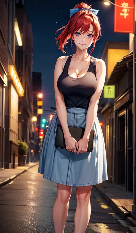 1girl, ((mature girl)), solo, summer, street, night, lights, red hair, ponytail, large full breasts, dark blue eyes, ((blue tank top)), cleavage, skirt, smile, looking at the viewer, standing, hair ribbon, golden necklate