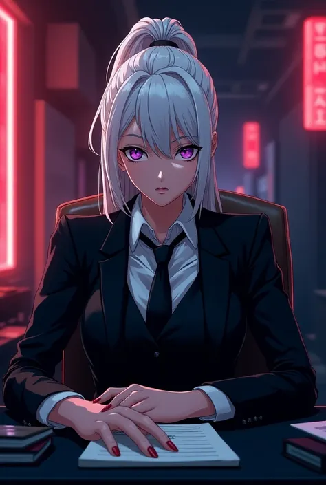 Thirty year old girl, waist-length white hair with a ponytail hairstyle , violet eyes, He wore a stylish black suit. Sitting behind a desk looking intimidating because she is a mobster


With the animation of the anime Tokyo Revengers 