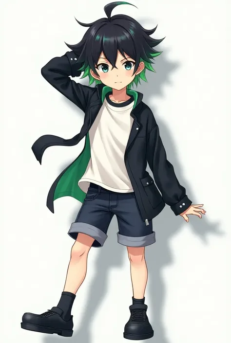 A young teenage boy from anime,  black hair with green threads ,  black and white shirt, dark denim shorts , shoes, Pose de Exibição