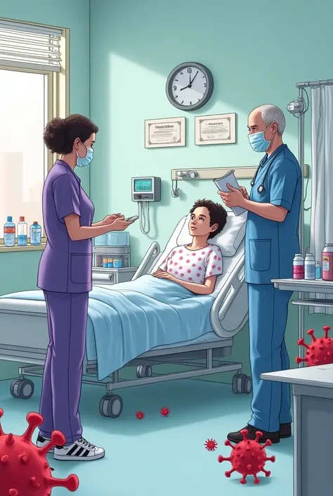 Create a picture of a hospital room, with a patient on the patients bed with a nurse to his right and a doctor to his left. The nurse is wearing a purple scrub with a mask and adidas sneakers. The doctor is wearing a blue scrub with a lab coat and a mask a...