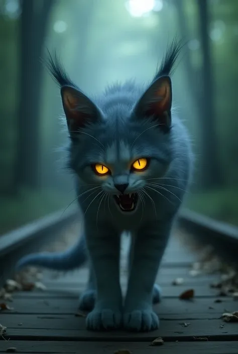  Realistic pictures of haunted cats. ((((A Japanese ghost cat with an ominous, dark aura, its tail split in two, with eerily glowing yellow eyes and sharp, long fangs))). Its hair is shaggy and partially missing, and it has ghostly blue-white skin from whi...