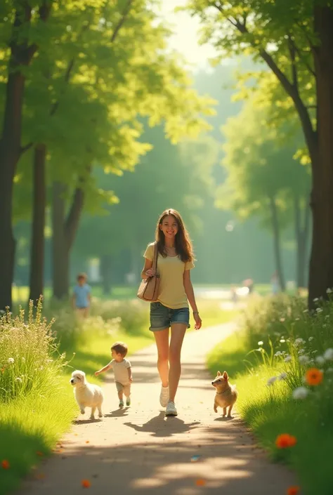 Introduction (0:00 - 0:10)
Scene:  The camera focuses on a young woman smiling as she walks along a park path.
Narration: "on a beautiful sunny day ,  join me on a walk in the park ."
Development (0:10 - 1:00)
Scene 1 (0:10 - 0:25):  The woman walks past a...