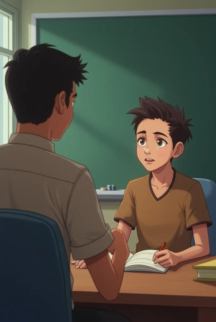 The teacher looks at Budi with a suspicious expression but still allows him to go to the nurse’s office. Budi leaves the classroom with a relieved expression.