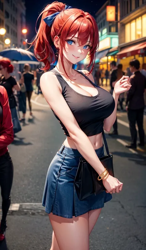 1girl, ((mature girl)), solo, summer, street, night, lights, red hair, ponytail, huge full breasts, dark blue eyes, ((blue tank top)), cleavage, skirt, smile, looking at the viewer, standing, hair ribbon, golden necklate