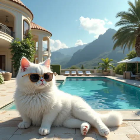 Celebrities。Luxury House。Pool。A gorgeous life。Chubby white cat wearing sunglasses