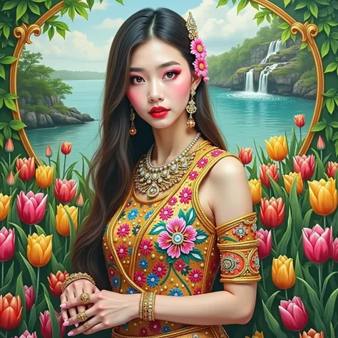  full oil painting very beautifl thai woman painted red lips, very beautiful straight hair, digital shine, sparkling diamonds, flickering diamonds ,Beautiful thai dress , multicolored cross stitch embroidery, beautiful crystal embellishment, playing in wat...