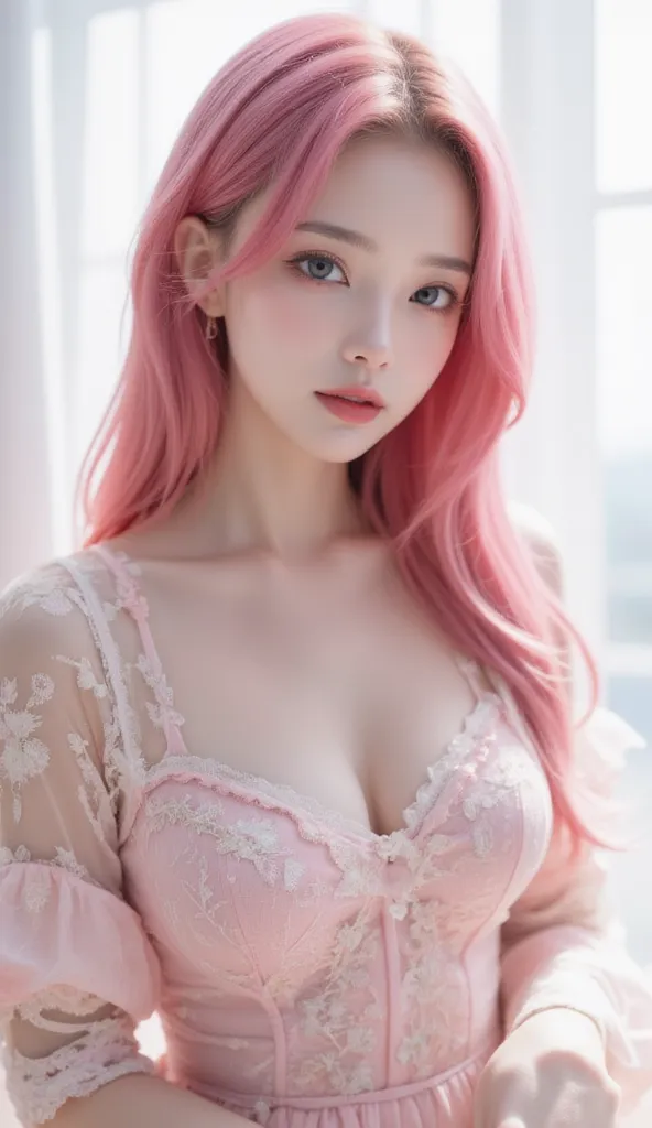 Beautiful super delicate girl wearing a ****ta dress with pink hair. 8K ultra-high image quality, delicate texture, fundo branco puro.