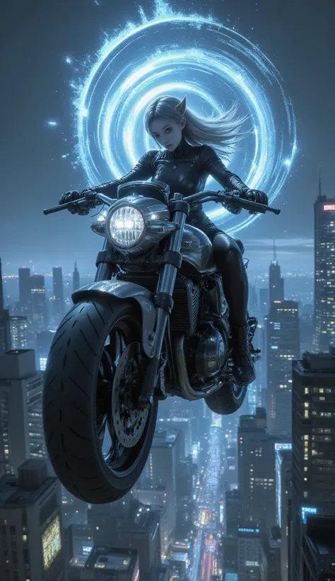 In this black and white dieselpunk comic cover, 8k anime comic, a sleek, futuristic high-tech motorcycle is seen gliding through a city of the future. The rider, a beautiful elf dressed in an elegant, form-fitting outfit, exudes confidence as her horses fl...