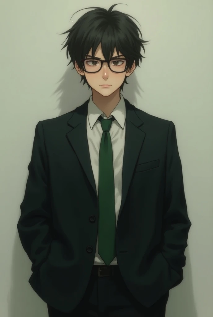 A dull male high school student with green necktie glasses wearing a tall, clumsy black blazer with short hair