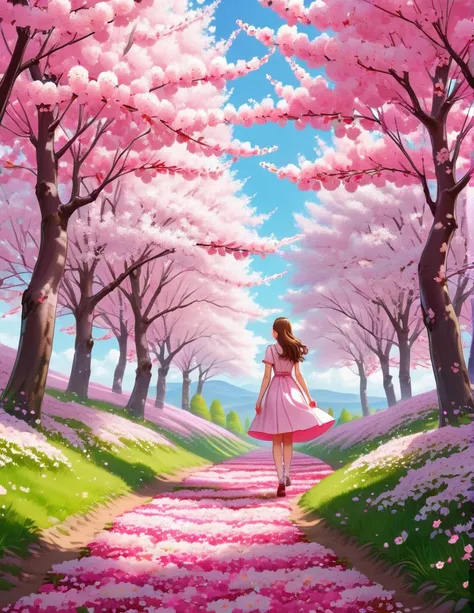 a fabulous landscape a girl walks in the cherry forest on a spring day  ,   where tall cherry trees are covered with bright pink...