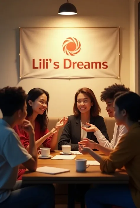 Group of young people talking at a table and a logo in the background that reads: Lilis dreams 