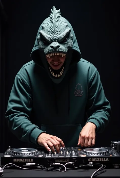 DJ mixing on a turntable, wearing a hoodie with a Godzilla theme. The hoodie features Godzilla’s face, with the DJ’s face appearing as if it’s inside Godzilla’s open mouth. The scene is front-facing, with the DJ and hoodie looking directly at the camera.