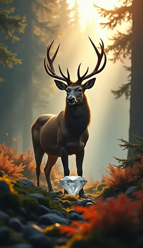 Create a high-quality, photorealistic image combining a majestic male deer with impressive antlers standing in a misty forest and a large, detailed diamond gemstone. The deer is in the foreground, surrounded by moss-covered rocks, reddish-orange ferns, and...