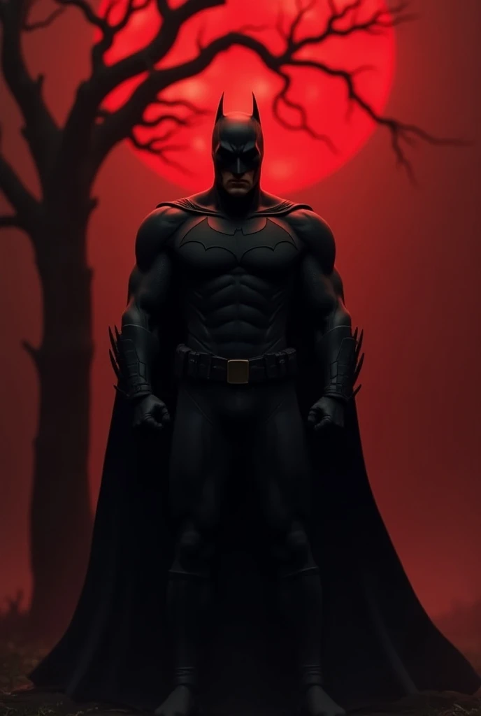 Batman with fully black suit standing infront of a tree and the background is fully covered with red and darkness 