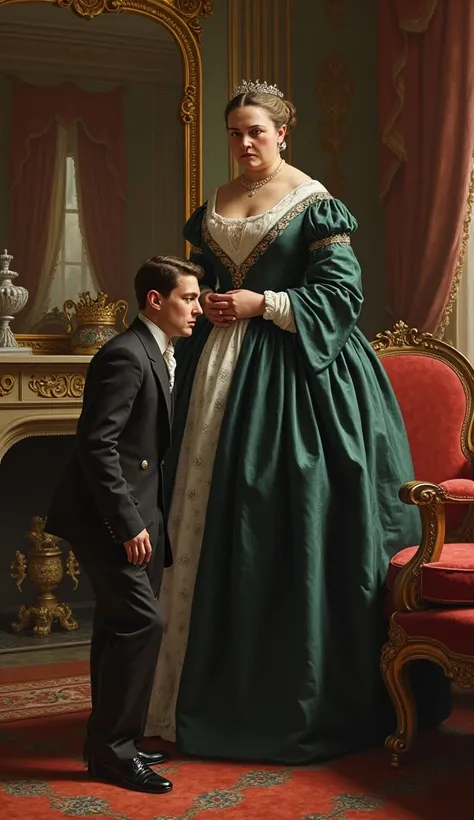 
Queen Victoria looking sternly at her son, Edward VII, in a grand Victorian room. Edward stands with a remorseful expression, while Victoria appears visibly disappointed or disgusted, reflecting the tension and strain in their relationship.