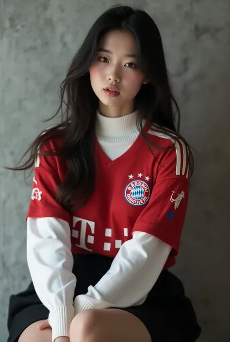 Korean woman, long hair, dark off shoulder loose collar Bayern Munich jersey with white long sleeve turtleneck shirt on the inside, black skirt, sitting, crossed legs