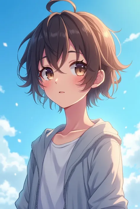 Anime style, cute anime boy,blue sky background, 19 years old, exquisite facial features，medium  brown hair, skinny,  slim waist, thick, medium bust,  gamer bou crop 