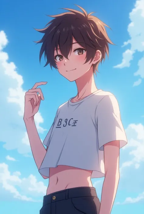 Anime style, cute anime boy,blue sky background, 19 years old, exquisite facial features，medium  brown hair, skinny,  slim waist, thick, medium bust,  gamer bou crop 