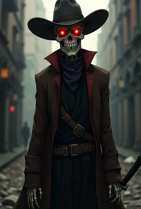 15-year-old skeleton anime with a cowboy hat, dark red dot on the eyes, Bandana around the mouth, Long black shirt, Long sleeve brown cape on top, Black pants and a Murasama