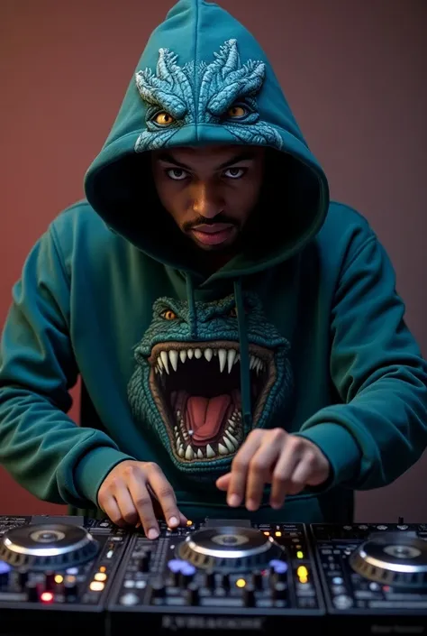 DJ Black mixing on a turntable, wearing a hoodie with a Godzilla theme. The hoodie features Godzilla’s face, with the DJ’s face appearing as if it’s inside Godzilla’s open mouth. The scene is front-facing, with the DJ and hoodie looking directly at the cam...