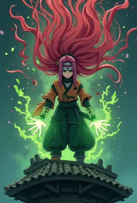   with long red hair mixed with green and pink turned upside down on top of a black and white Boruto manga style nighthouse with ninja clothes and a bandana and the power of plants coming out of her hands , As if I were the one who drew 