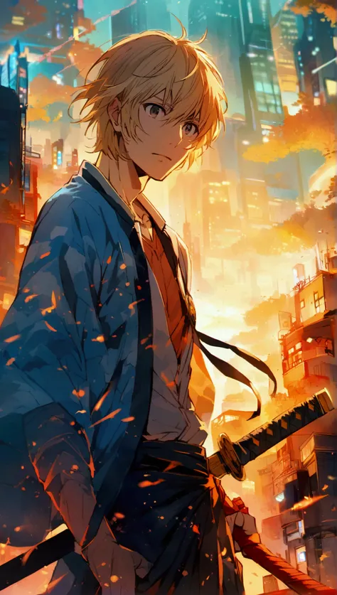 anime「Gintama」Characters in, Okita Sougo , male,  in the background of a futuristic city at night,  blond hair fluttering , With the sword pulled out 