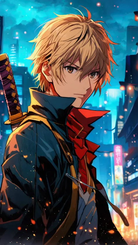 anime「Gintama」Characters in, Okita Sougo , male,  in the background of a futuristic city at night,  blond hair fluttering , With the sword pulled out 