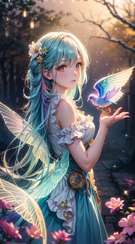 fine art masterclass splash spray trickle daubs of rainbow opaline Prisma Sakuraoil color,Steampunk celestial ethereal ghostly Fairy, HDR, ultra high-detail, centered, bokeh, lens flare, foggy dusk, bloom, light bloom, cinematic lighting, high dynamic rang...