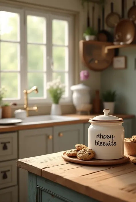 Rhosy biscuits written on a cookie jar in Portuguese in a beautiful kitchen
