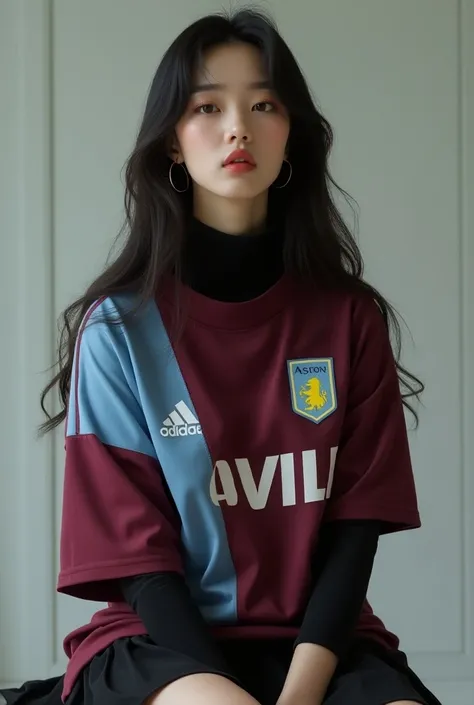 Korean woman, long hair, dark one off shoulder loose collar Aston Villa jersey with black long sleeve turtleneck shirt on the inside, black skirt, sitting, crossed legs