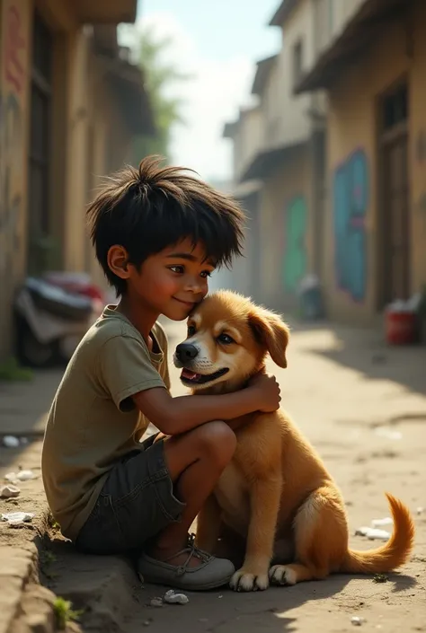 image of a small brown boy with a dog in a poor neighborhood