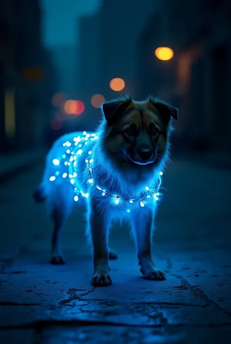 Stray dog on the street covered with blue LED lights 