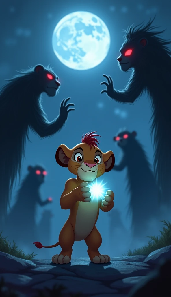 "Just as baby simba takes the Moonstone, shadowy figures begin to appear in the background. These mischievous shadow creatures are dark, ghost-like forms with glowing red eyes, looking playful yet slightly menacing as they reach out toward baby simba. He h...