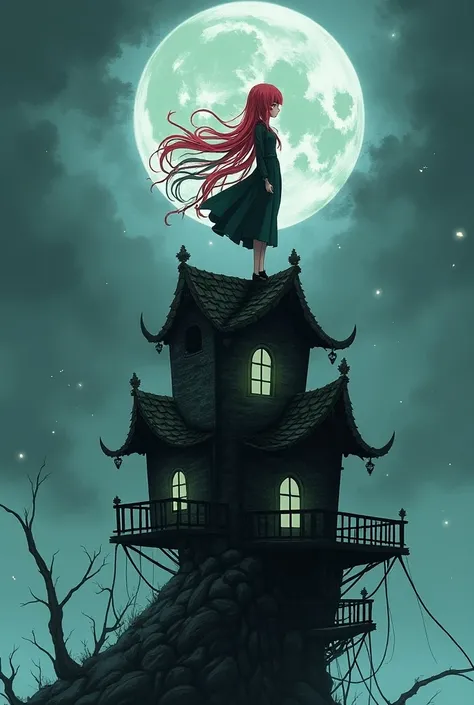  With long red hair mixed with green and pink turned backwards standing on top of a black and white mangae-style nighthouse by Boruto 