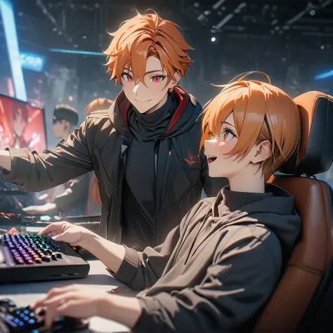 (( high quality,最 high quality,8k, best image quality)),Male 1, orange hair, turtleneck hoodie, Red Eyes,Gaming Share ,During the game,smile,From the chest up,The line of sight is this