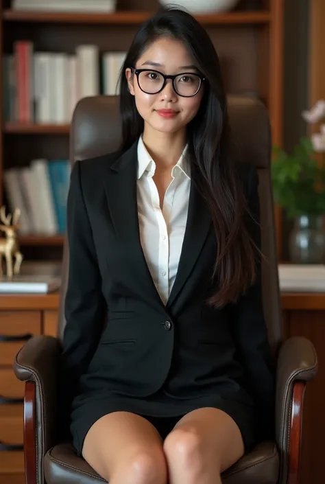 A young professional thai womanStunning  with large slightly sagging breasts
stands confidently, (very Huge breasts),sitting confidently in an
office chair,her legs spread open,very very busty, dressed in a black business suit with a
white shirt.with mini ...