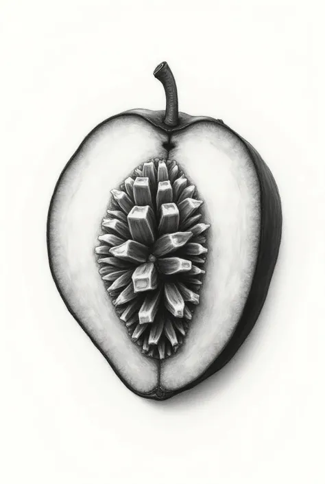 Sketch a drawing of the inside of a horizontally cut mango fruit with black and white gradation