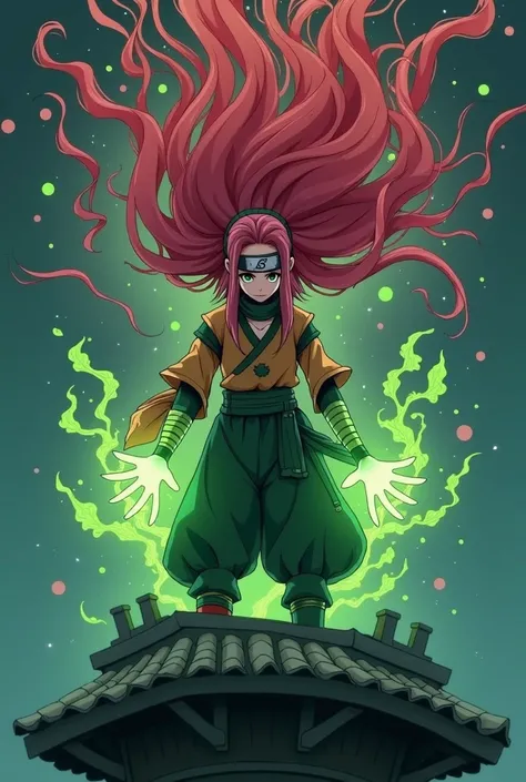   with long red hair mixed with green and pink turned upside down on top of a black and white Boruto manga style nighthouse with ninja clothes and a bandana and the power of plants coming out of her hands , As if I were the one who drew 