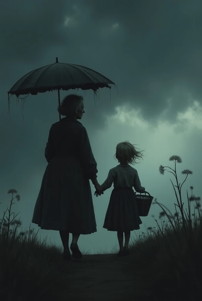  The sky is even darker and more contrasting.  The grandmother carries an umbrella . The little blond girl a basket  