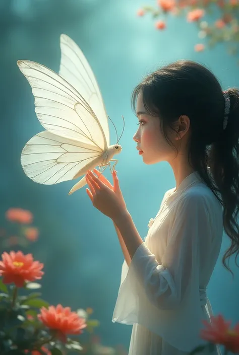 Draw a butterfly with white energy associated with flowers for avatar and girl asian with big eyes and black hair she is mysterious 