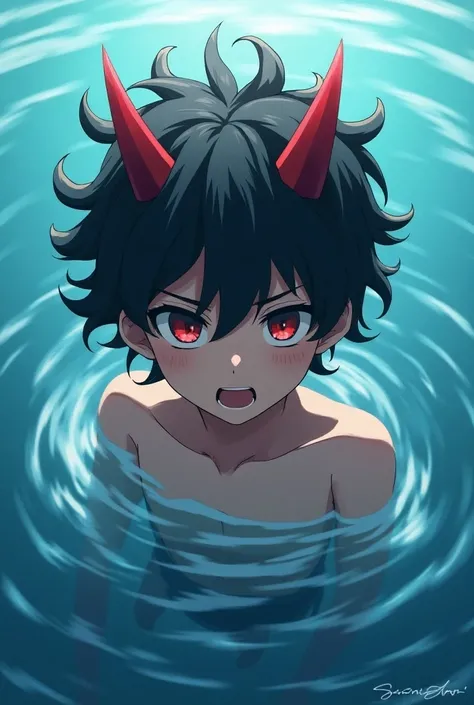 anime boy with horns and a devils head in the water curly hair