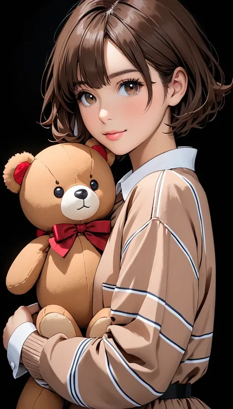 a pretty woman dressed as a character holding a fake teddy bear, 1girl, solo, stuffed toy, stuffed animal, looking at viewer, teddy bear, brown hair, short hair, black background, shirt, upper body