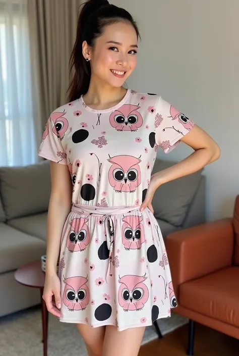 a young woman stands against a living room. She is dressed in a oversize mini dress adorned with a pattern of owls pink flowers and black circles. Her hair is pulled back in a ponytail adding a touch of movement to her face. The womans dress is adorned in ...