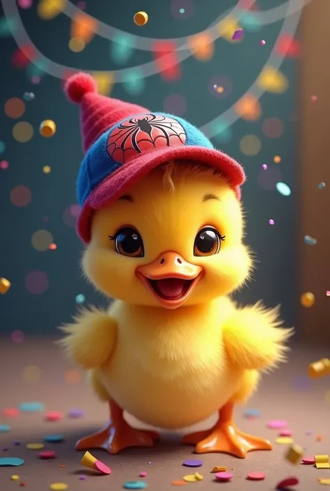 Small baby duck wearing spiderman cap wishing everyone happy new year 
And if u want to add anything add it 
