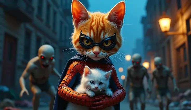 A cat wearing spider Man uniform having white kitty in hand hides from zombies at night