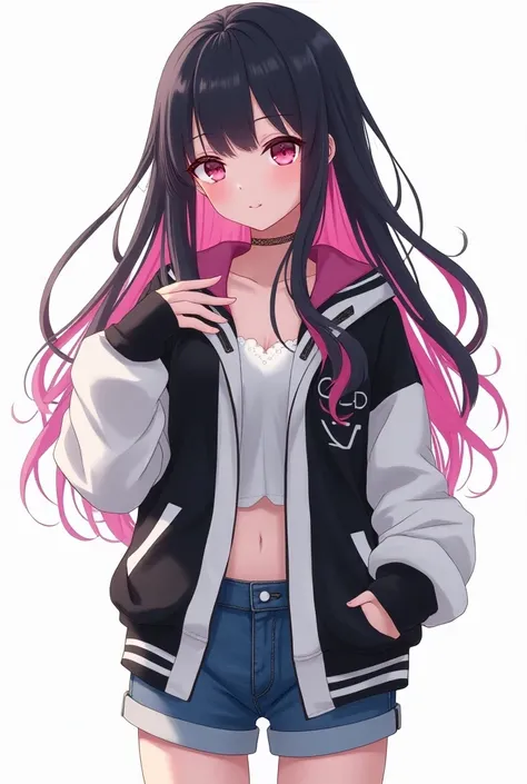  A young teenage anime girl, black hair with pink threads , black and white jacket, shorte jeans, shoes