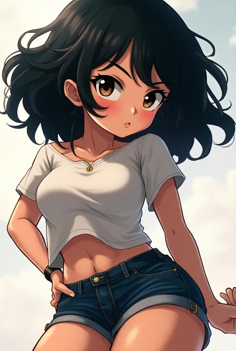  Anime girl style Boku no Hero Academia, short black wavy hair up to the shoulders,  big eyes light brown , pale skin, thick build, caderas anchas.