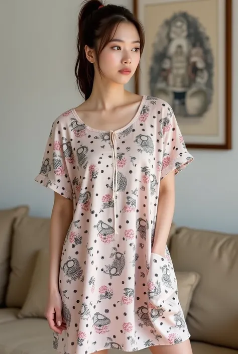 a young woman stands against a living room. she is dressed in a oversize mini dress adorned with a pattern of owls pink flowers ...