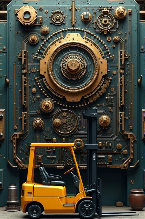  a filigree electronic diagram , filigree gears ,  a Heidelberg rotary ,  a yellow Jungheinrich forklift.