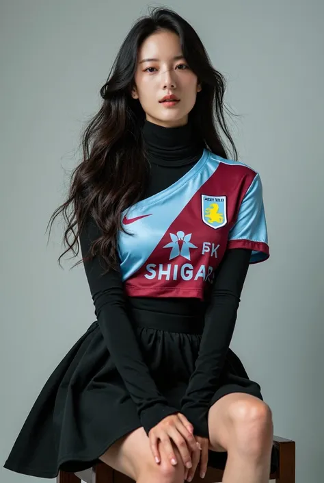 Korean woman, long hair, dark one off shoulder straight collar Aston Villa jersey with black long sleeve turtleneck shirt on the inside, black skirt, sitting, crossed legs